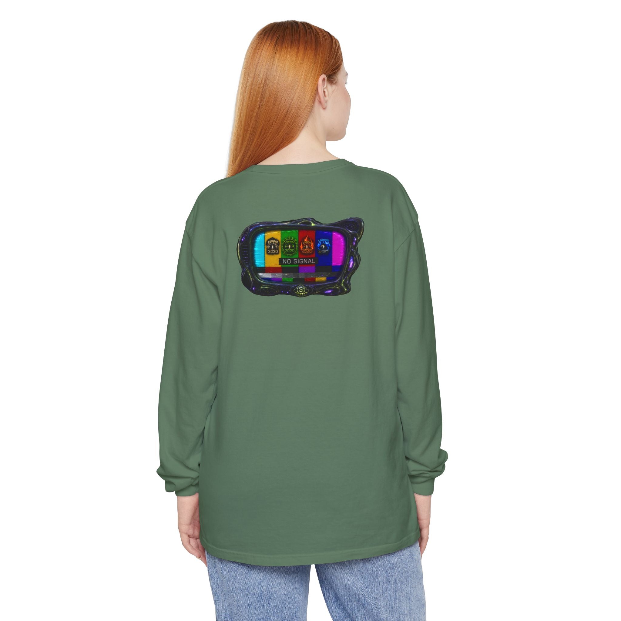 I Survived 2020 — "No Signal" Test Pattern Tee Alien Broadcast Finale Summer Premiere Garment-Dyed Long Sleeve T-Shirt