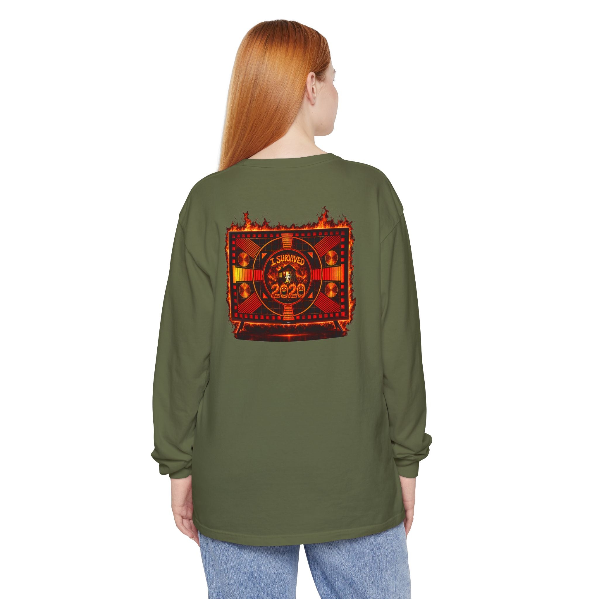 I Survived 2020 — "Please Stand By" Test Pattern Tee Wildfire Signal Edition Summer Premiere Unisex Garment-Dyed Long Sleeve T-Shirt