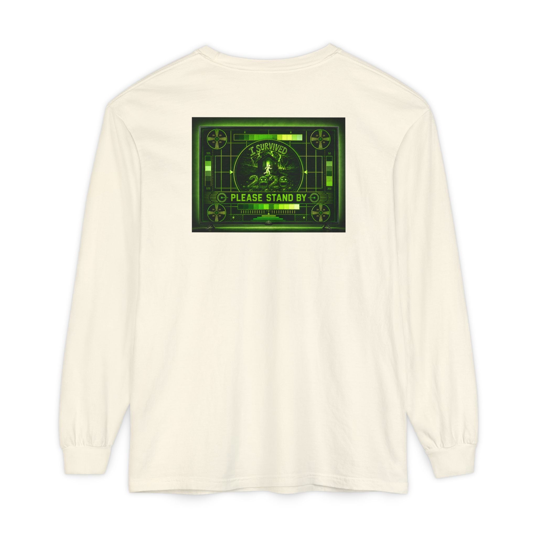 I Survived 2020 — "Please Stand By" Test Pattern Toxic Signal Tee Summer Premiere Unisex Garment-Dyed Long Sleeve T-Shirt