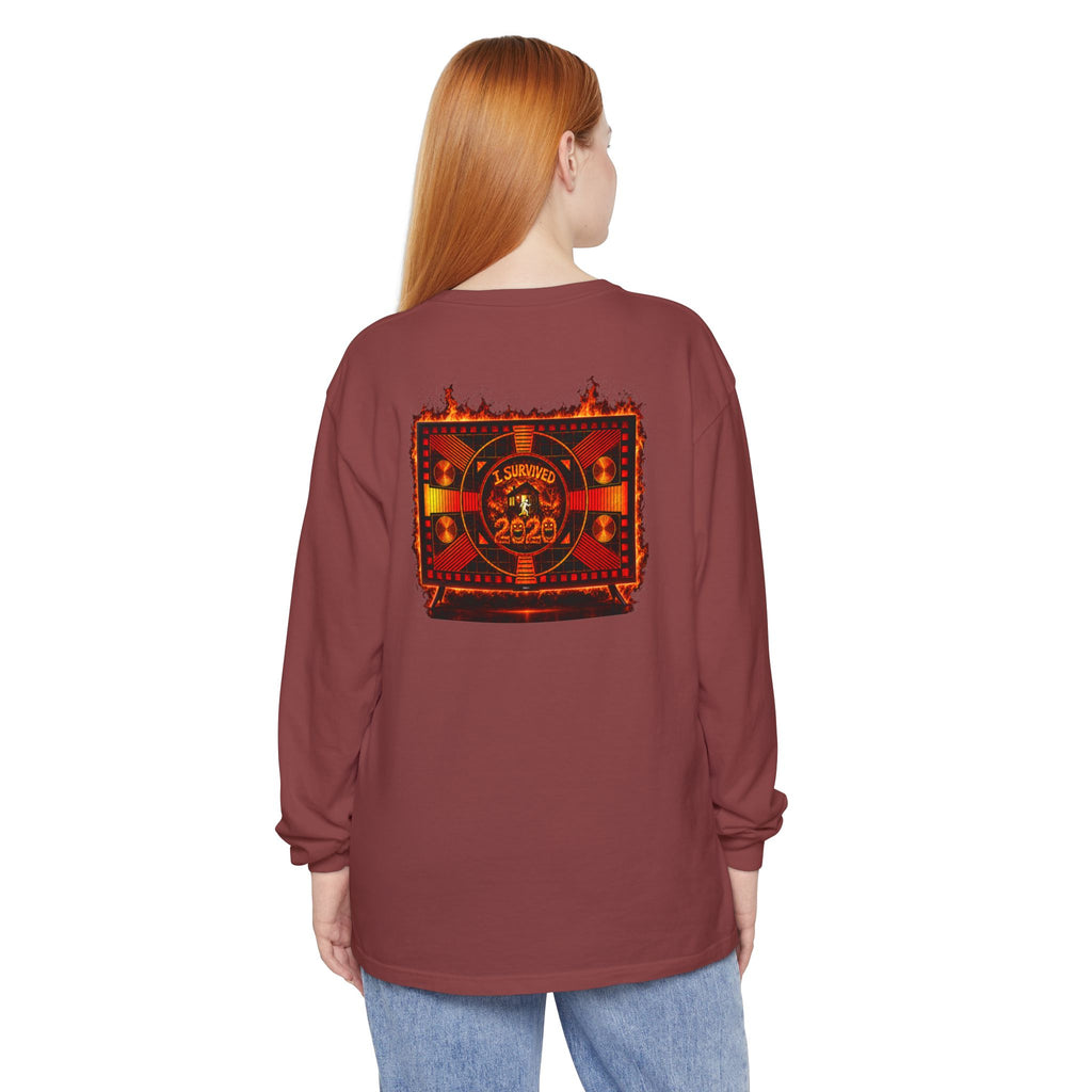 I Survived 2020 — "Please Stand By" Test Pattern Tee Wildfire Signal Edition Summer Premiere Unisex Garment-Dyed Long Sleeve T-Shirt