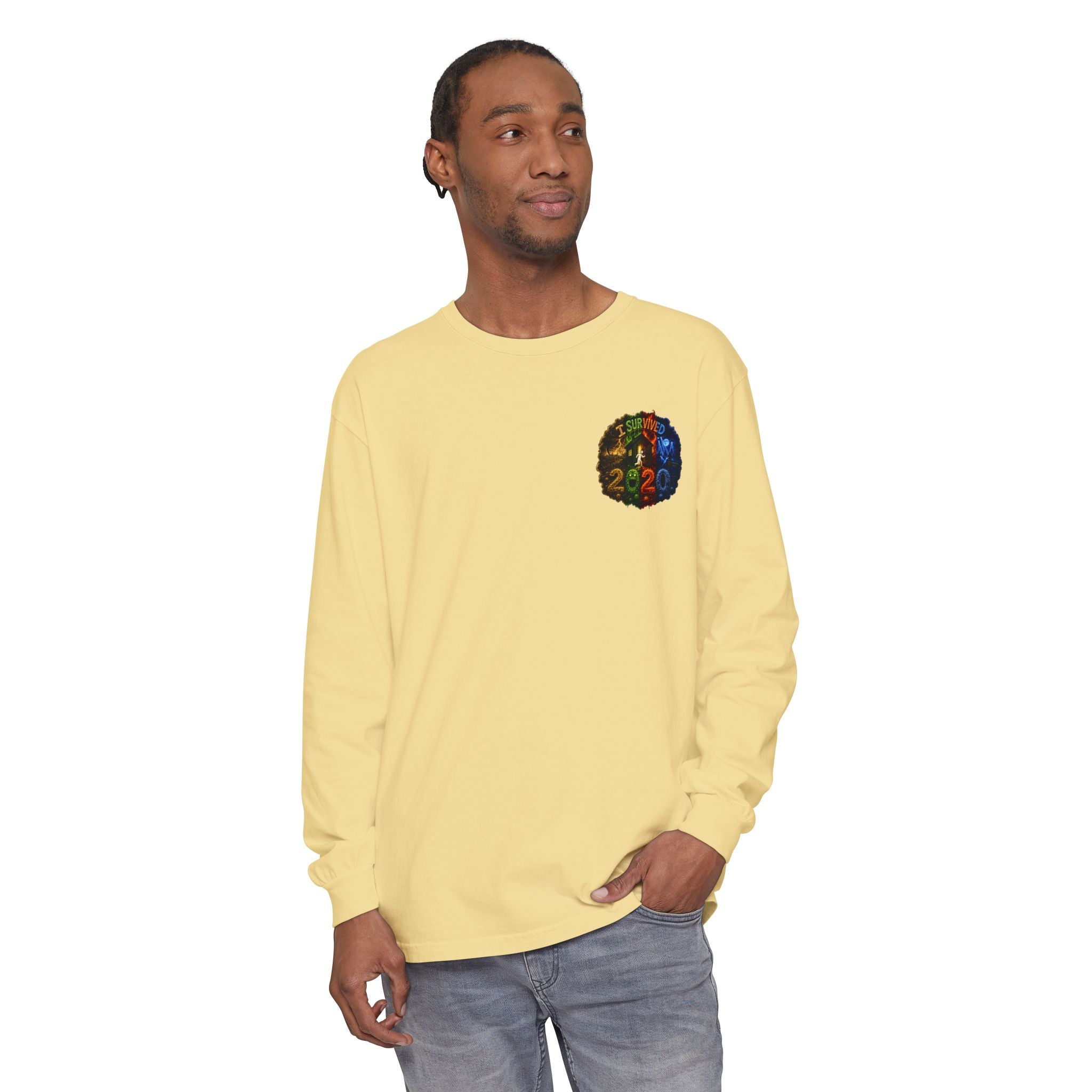 I Survived 2020 — "No Signal" Test Pattern Tee Alien Broadcast Finale Summer Premiere Garment-Dyed Long Sleeve T-Shirt