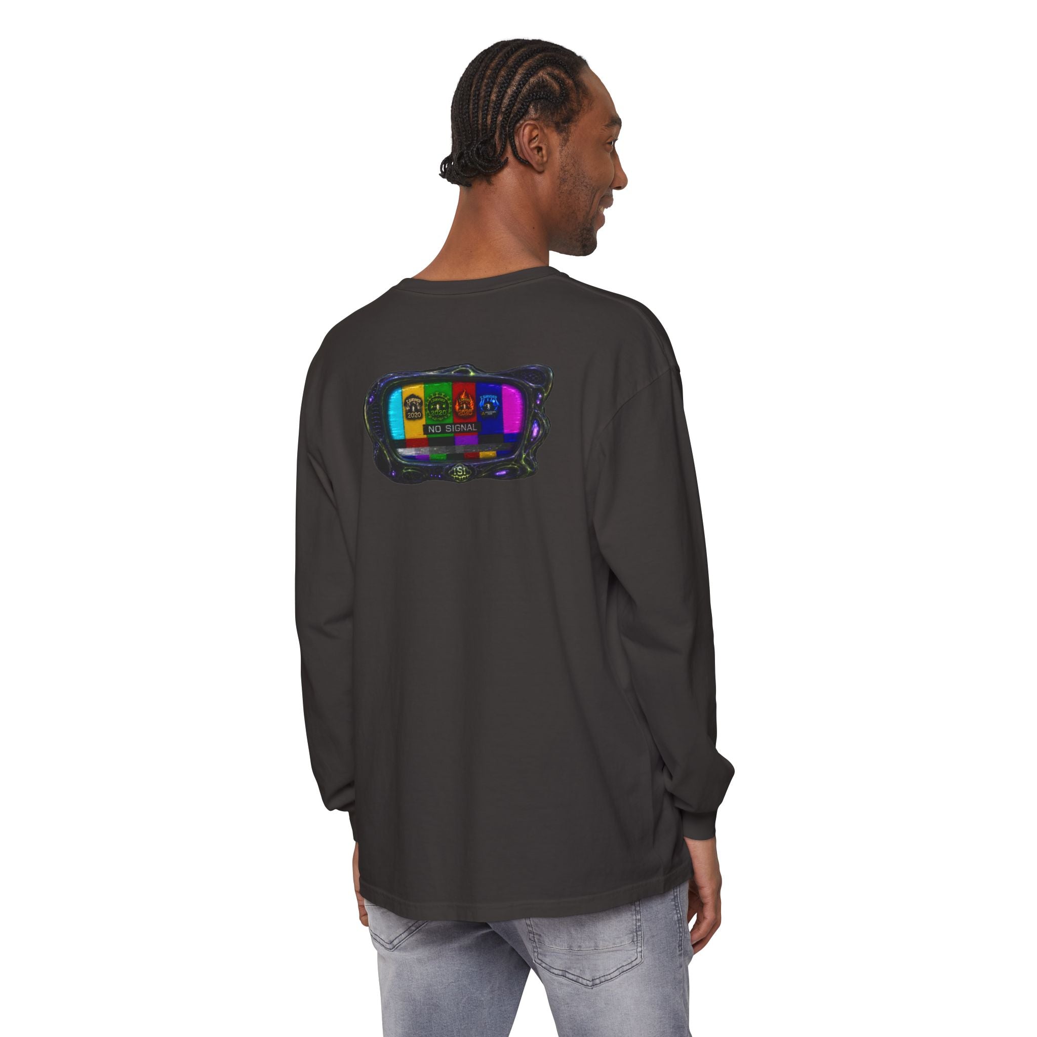 I Survived 2020 — "No Signal" Test Pattern Tee Alien Broadcast Finale Summer Premiere Garment-Dyed Long Sleeve T-Shirt
