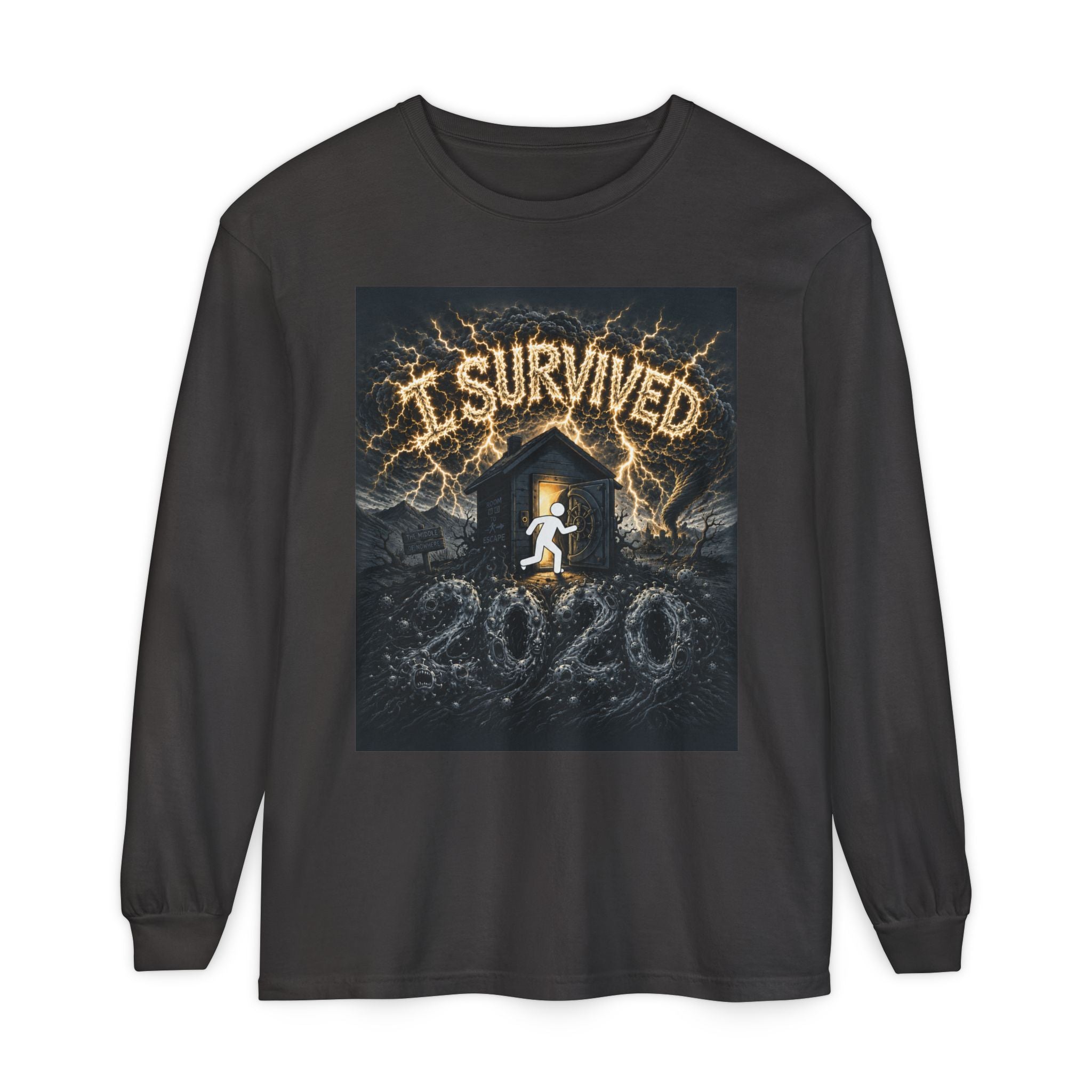 I Survived 2020 — Original Design Teaser Tee | Season 1 Premiere Drop Unisex Garment-dyed Long Sleeve T-Shirt