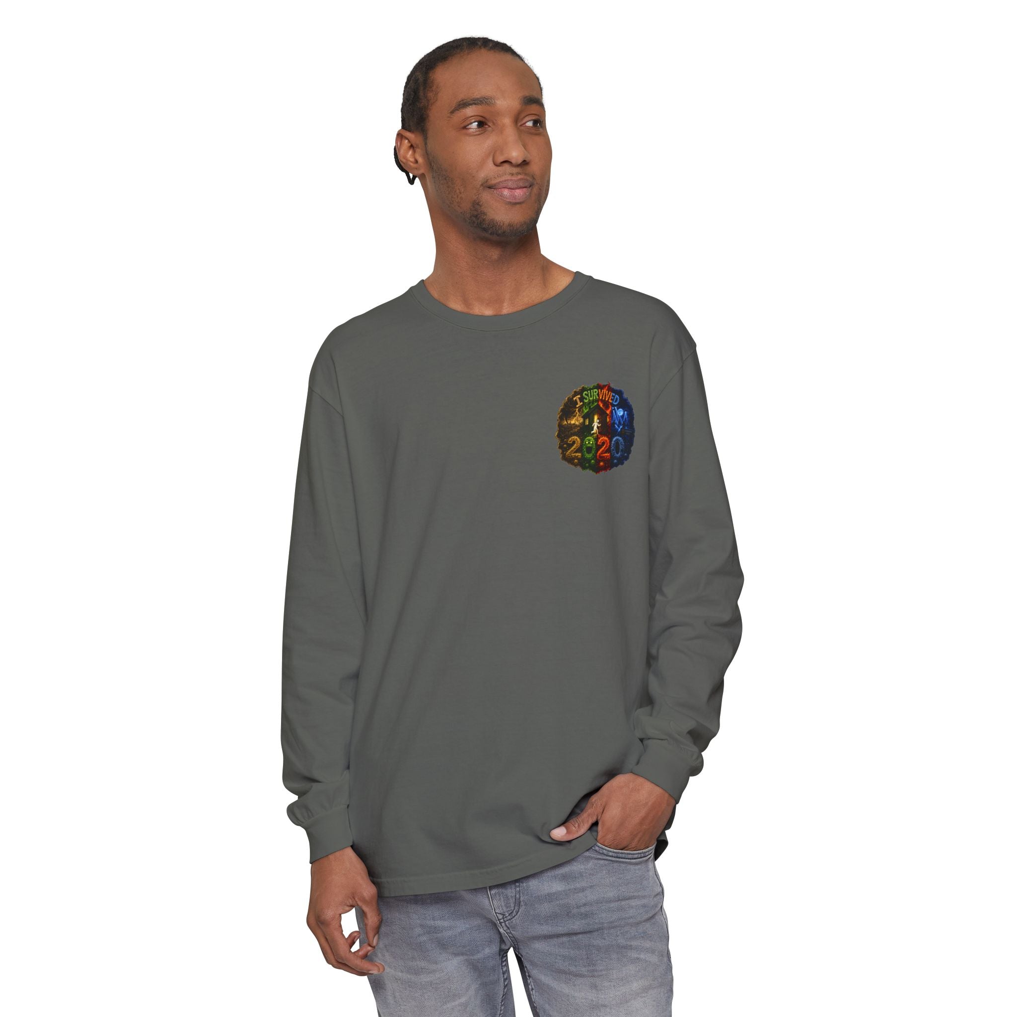 I Survived 2020 — "No Signal" Test Pattern Tee Alien Broadcast Finale Summer Premiere Garment-Dyed Long Sleeve T-Shirt