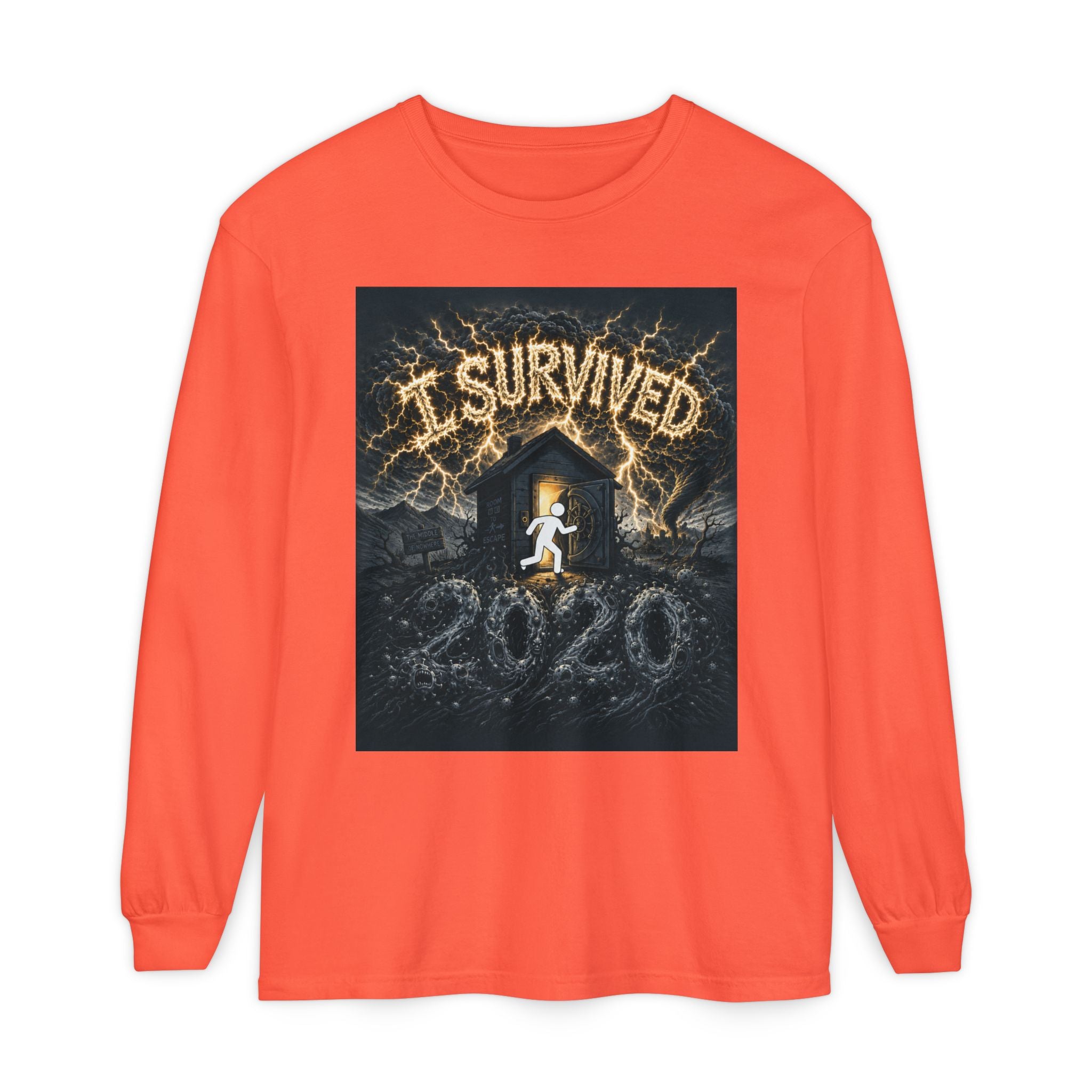 I Survived 2020 — Original Design Teaser Tee | Season 1 Premiere Drop Unisex Garment-dyed Long Sleeve T-Shirt