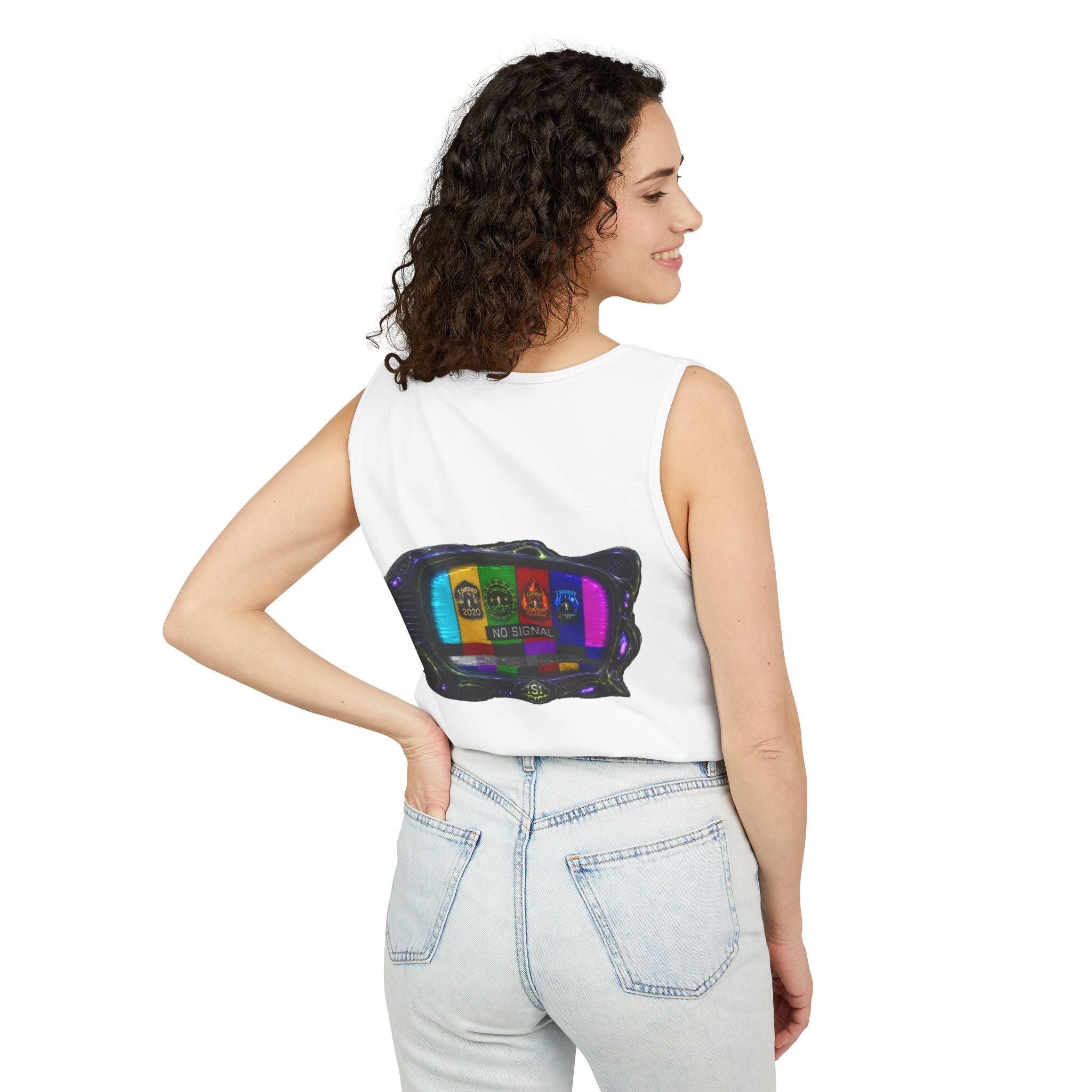 I Survived 2020 — "No Signal" Test Pattern Tee Alien Broadcast Finale Summer Premiere Unisex Garment-Dyed Tank Top