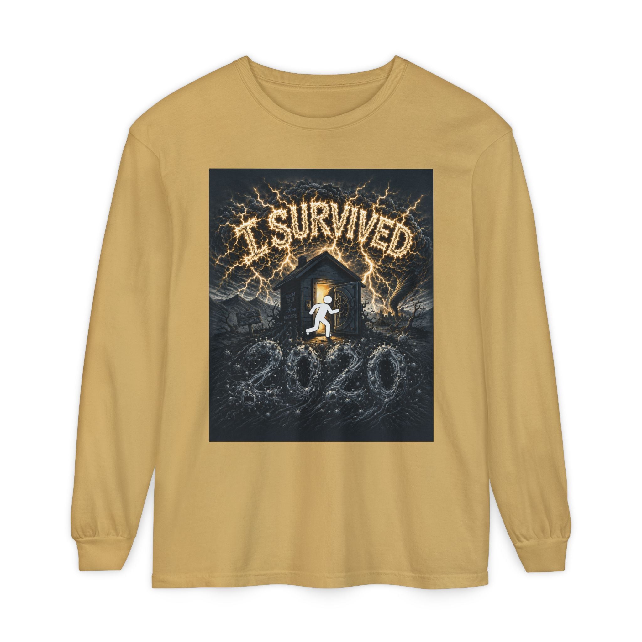 I Survived 2020 — Original Design Teaser Tee | Season 1 Premiere Drop Unisex Garment-dyed Long Sleeve T-Shirt