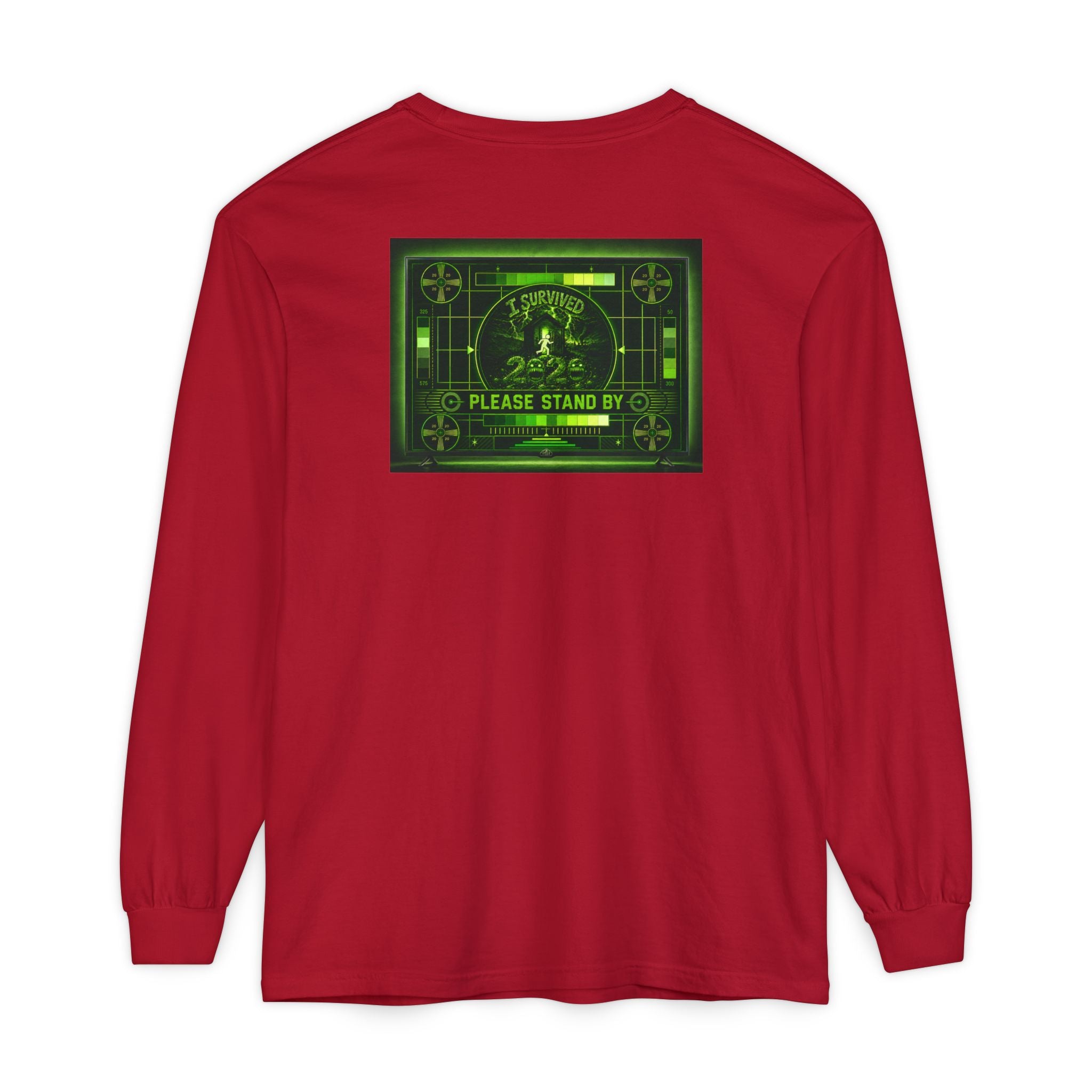 I Survived 2020 — "Please Stand By" Test Pattern Toxic Signal Tee Summer Premiere Unisex Garment-Dyed Long Sleeve T-Shirt
