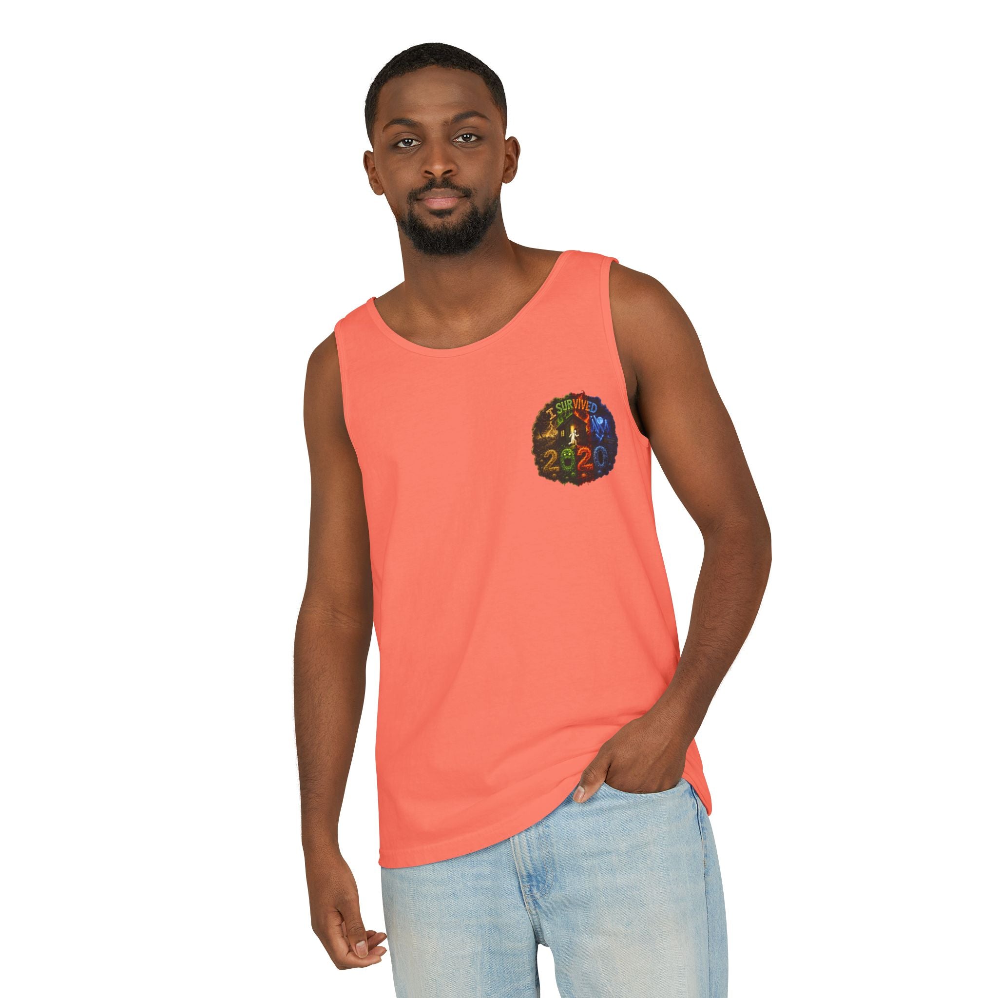 I Survived 2020 — "No Signal" Test Pattern Tee Alien Broadcast Finale Summer Premiere Unisex Garment-Dyed Tank Top