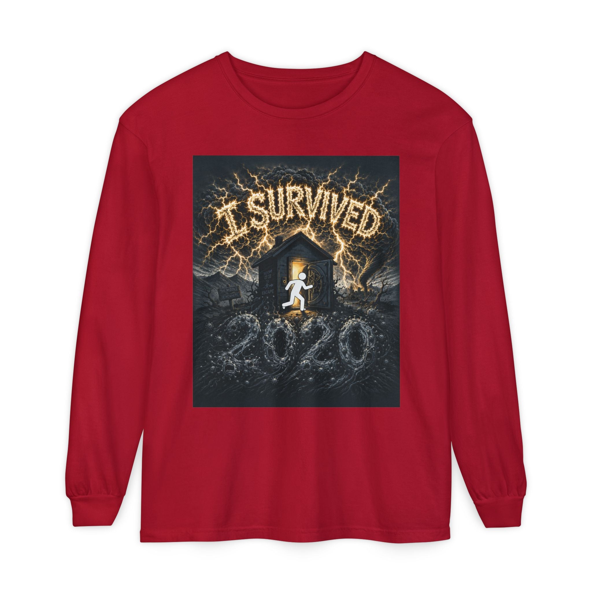 I Survived 2020 — Original Design Teaser Tee | Season 1 Premiere Drop Unisex Garment-dyed Long Sleeve T-Shirt