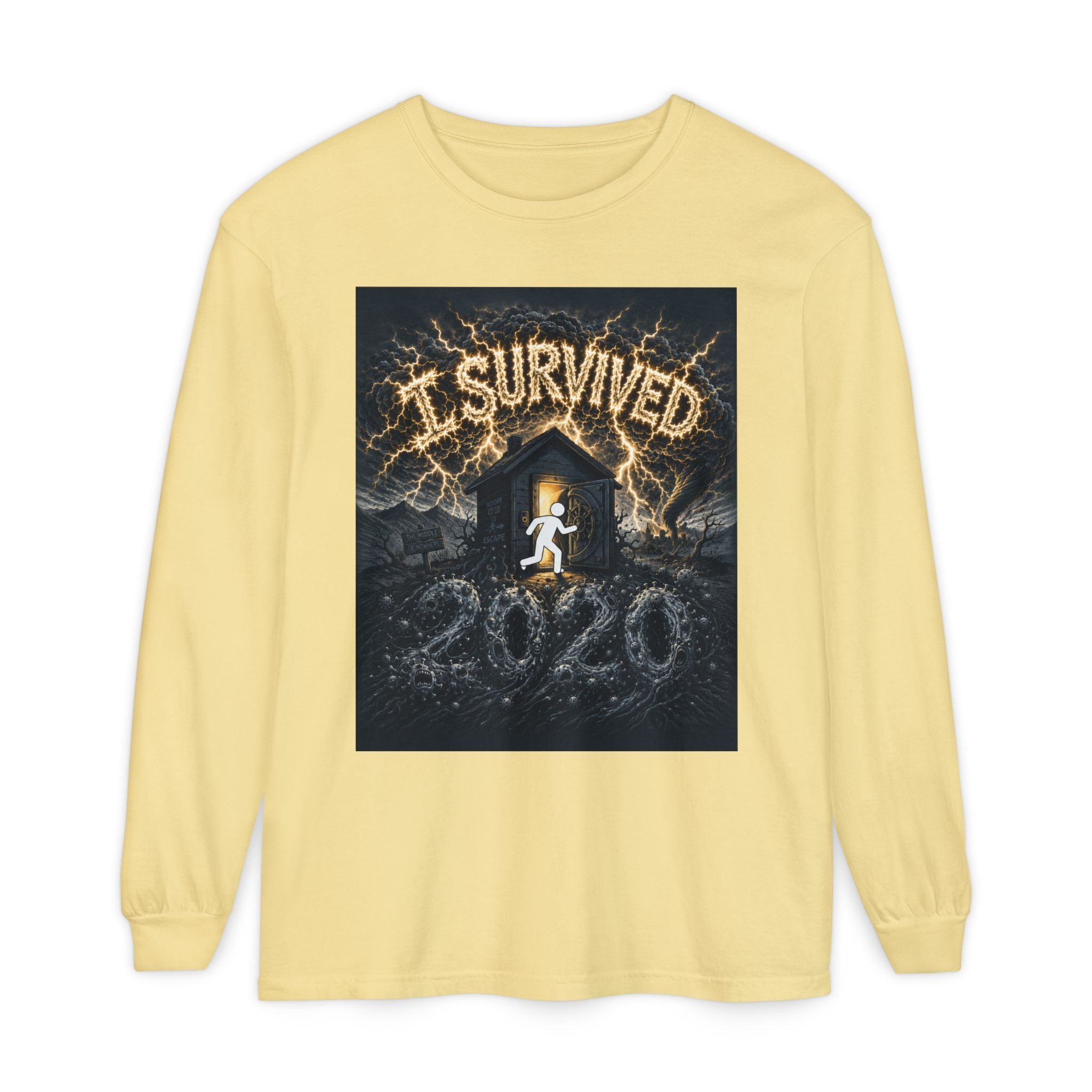 I Survived 2020 — Original Design Teaser Tee | Season 1 Premiere Drop Unisex Garment-dyed Long Sleeve T-Shirt