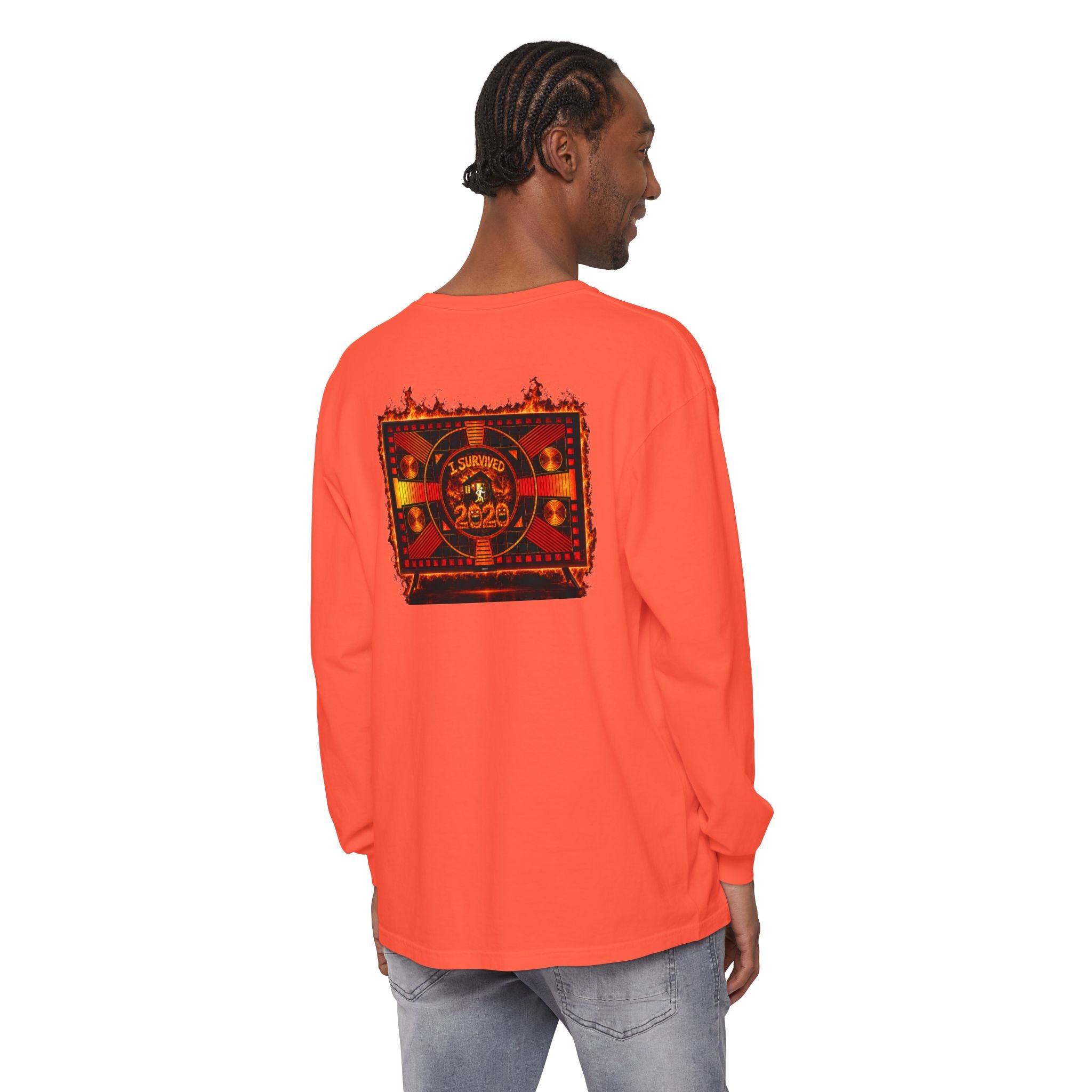 I Survived 2020 — "Please Stand By" Test Pattern Tee Wildfire Signal Edition Summer Premiere Unisex Garment-Dyed Long Sleeve T-Shirt