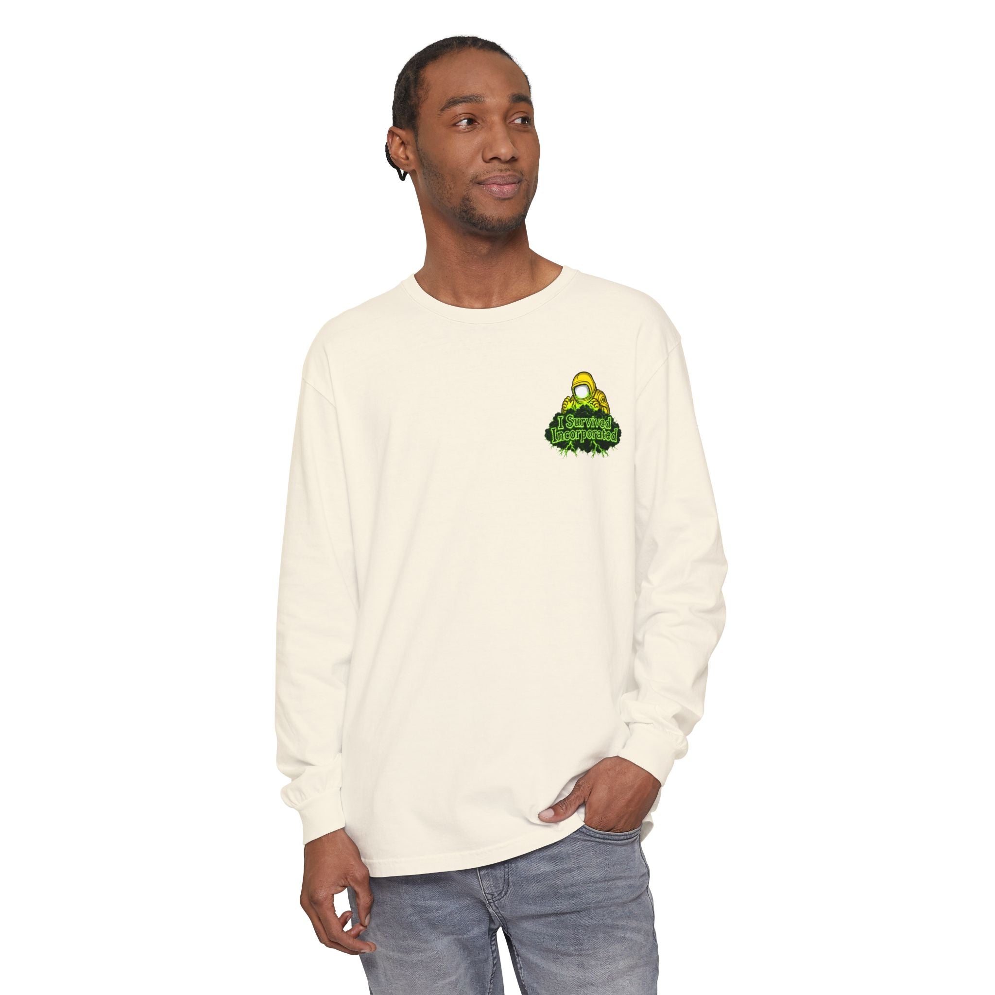 I Survived 2020 — "Please Stand By" Test Pattern Toxic Signal Tee Summer Premiere Unisex Garment-Dyed Long Sleeve T-Shirt
