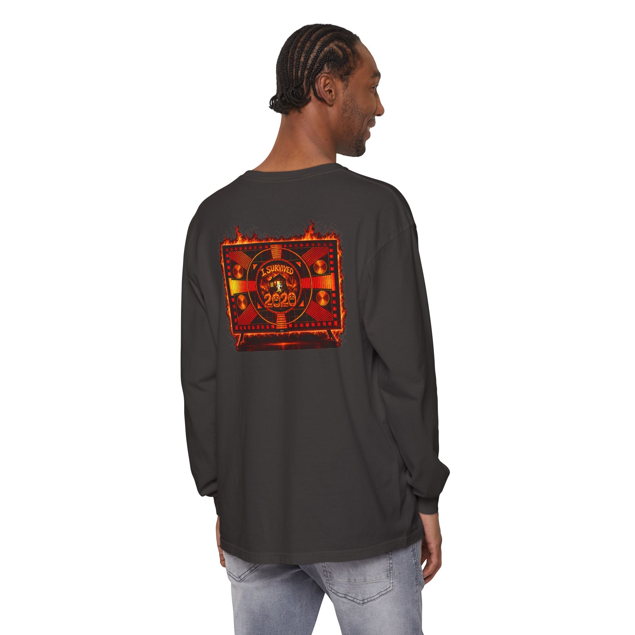 I Survived 2020 — "Please Stand By" Test Pattern Tee Wildfire Signal Edition Summer Premiere Unisex Garment-Dyed Long Sleeve T-Shirt