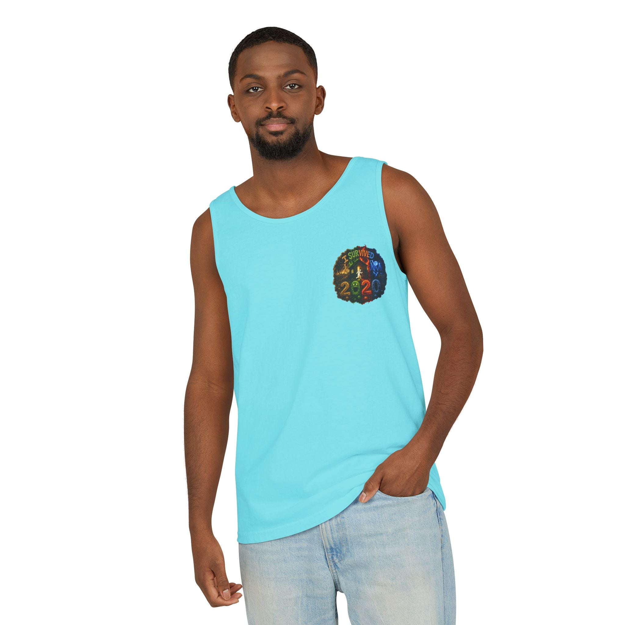 I Survived 2020 — "No Signal" Test Pattern Tee Alien Broadcast Finale Summer Premiere Unisex Garment-Dyed Tank Top