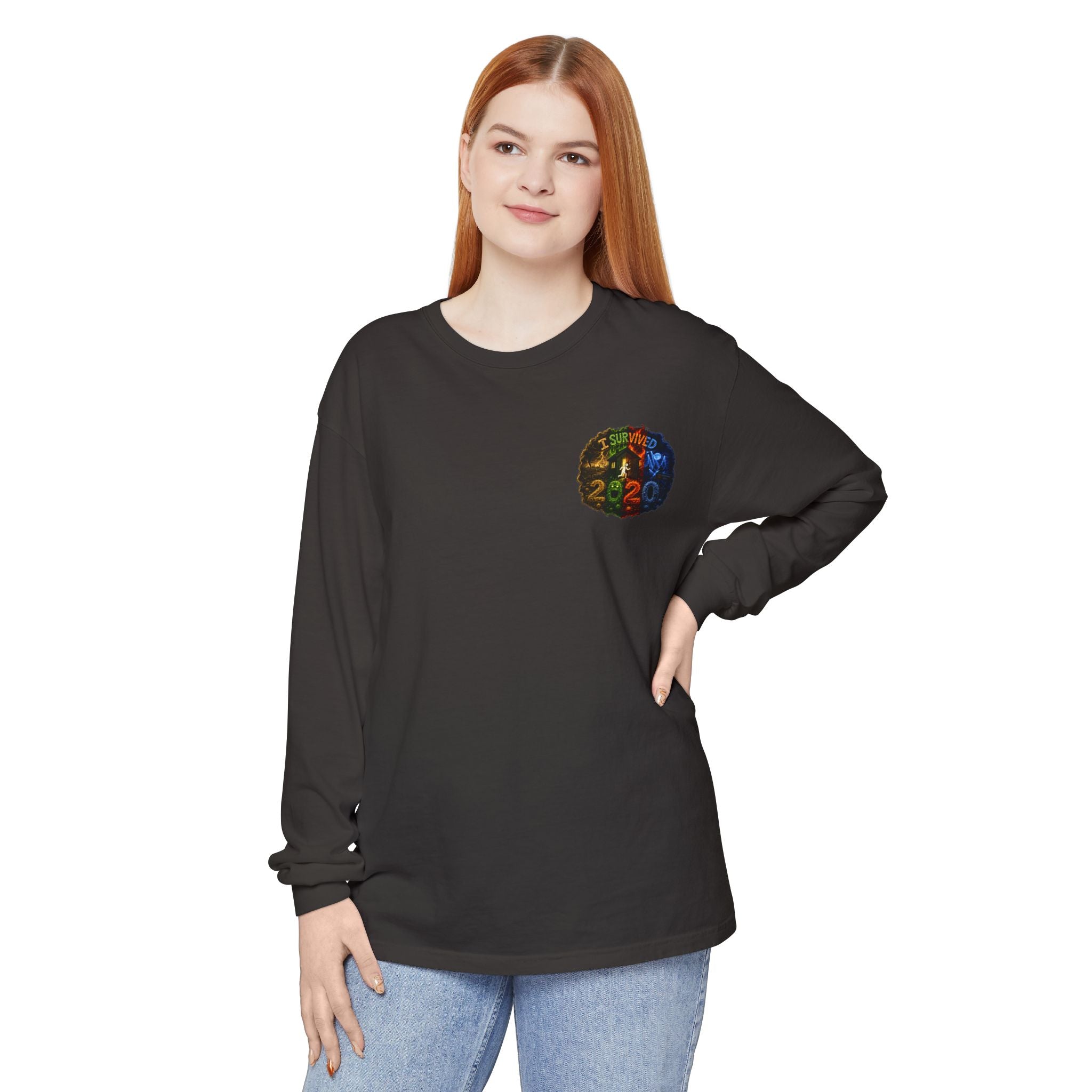 I Survived 2020 — "No Signal" Test Pattern Tee Alien Broadcast Finale Summer Premiere Garment-Dyed Long Sleeve T-Shirt