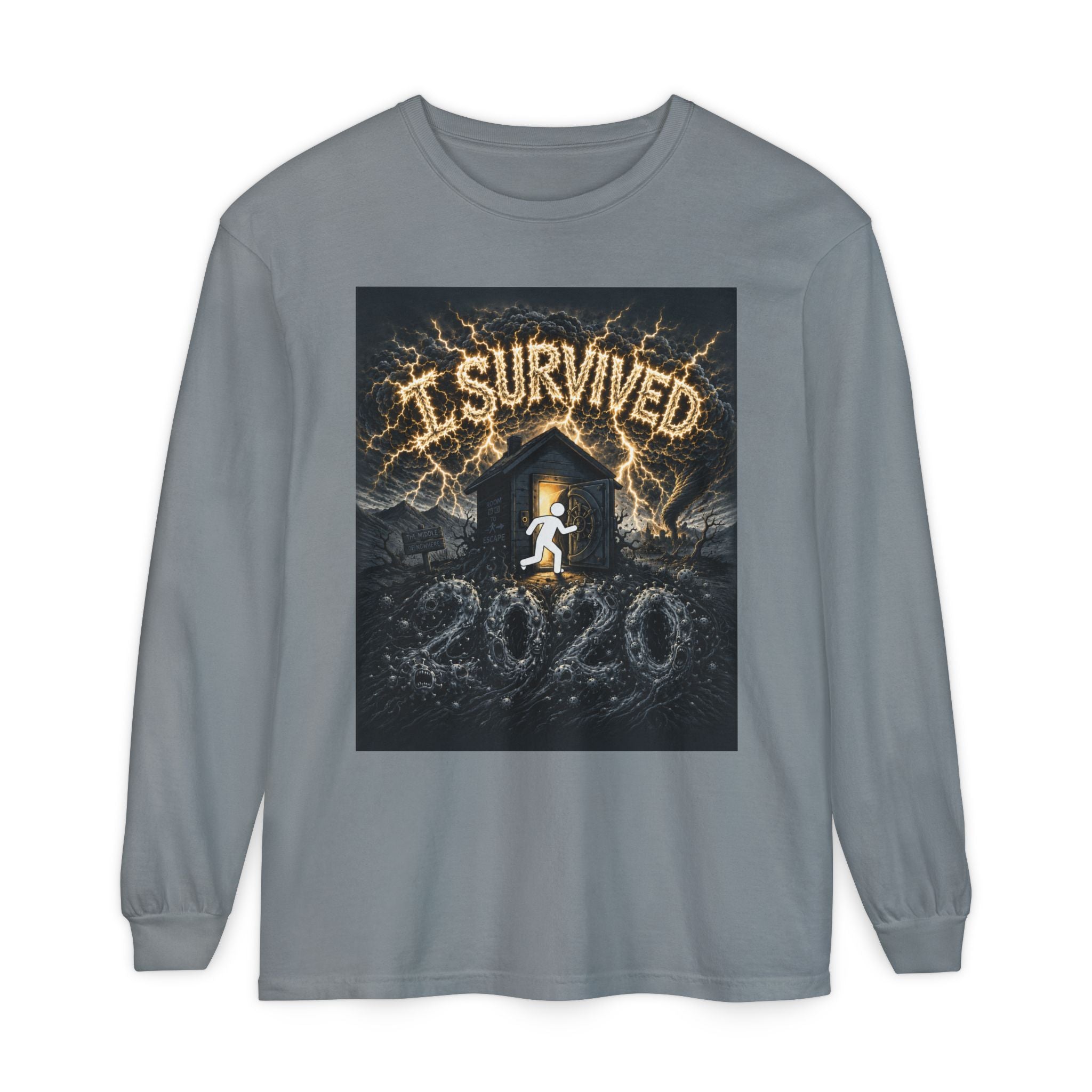 I Survived 2020 — Original Design Teaser Tee | Season 1 Premiere Drop Unisex Garment-dyed Long Sleeve T-Shirt