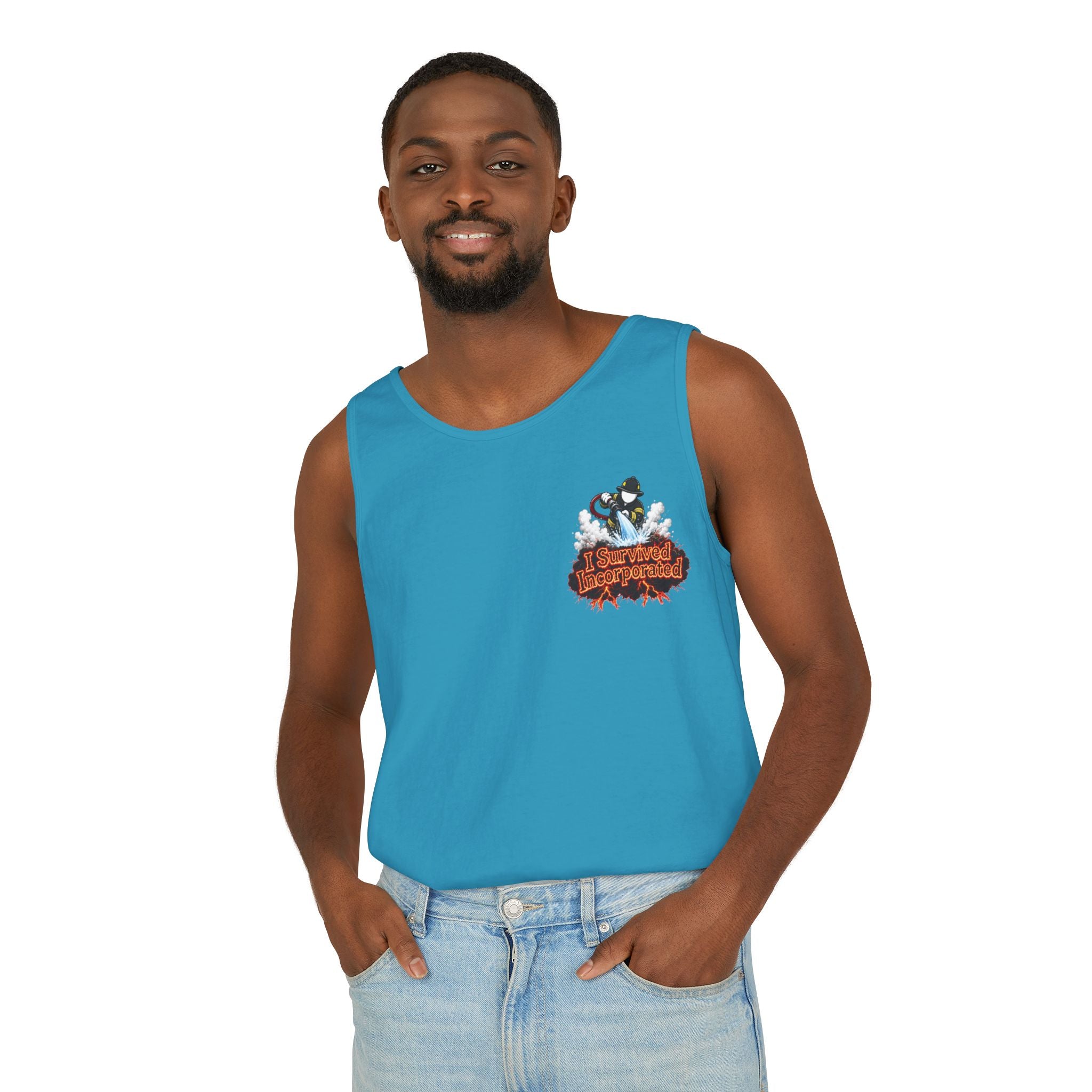 I Survived 2020 — "Please Stand By" Test Pattern Tee Wildfire Signal Edition Summer Premiere Unisex Garment-Dyed Tank Top