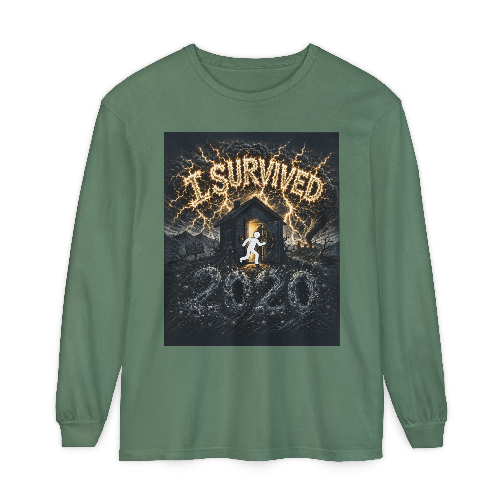 I Survived 2020 — Original Design Teaser Tee | Season 1 Premiere Drop Unisex Garment-dyed Long Sleeve T-Shirt
