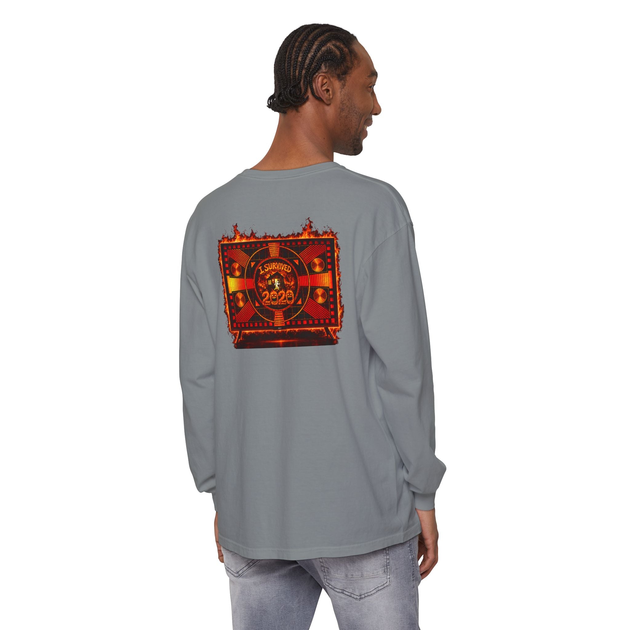 I Survived 2020 — "Please Stand By" Test Pattern Tee Wildfire Signal Edition Summer Premiere Unisex Garment-Dyed Long Sleeve T-Shirt