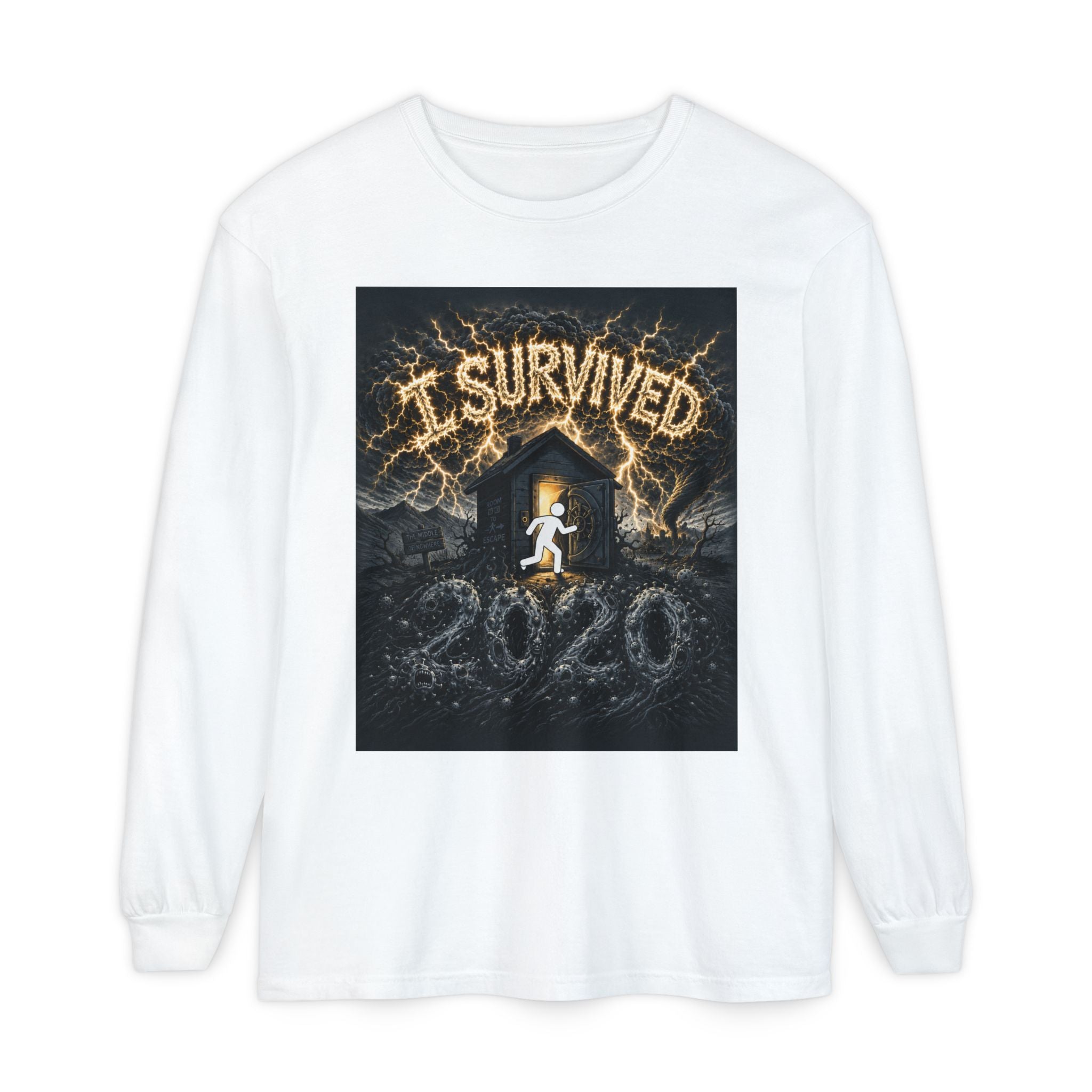 I Survived 2020 — Original Design Teaser Tee | Season 1 Premiere Drop Unisex Garment-dyed Long Sleeve T-Shirt