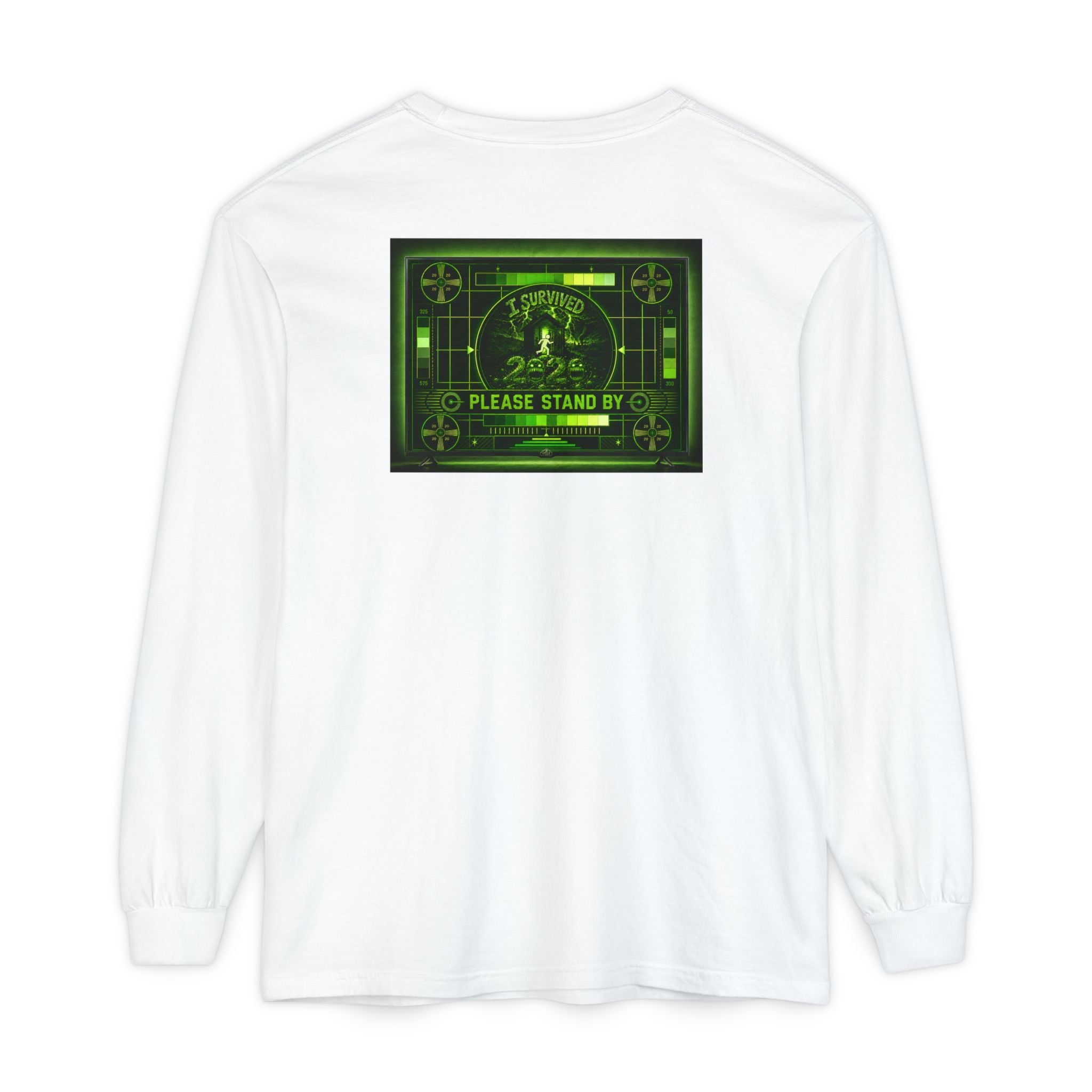I Survived 2020 — "Please Stand By" Test Pattern Toxic Signal Tee Summer Premiere Unisex Garment-Dyed Long Sleeve T-Shirt
