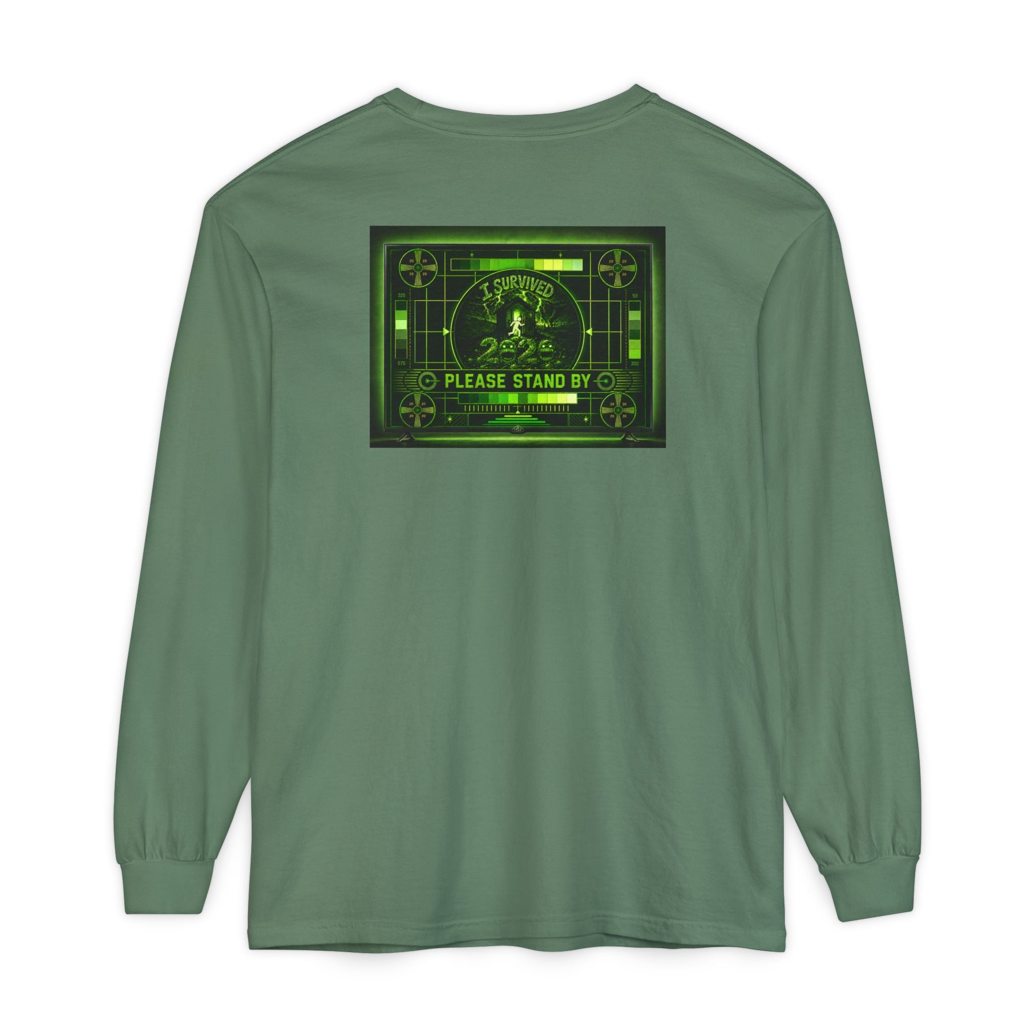 I Survived 2020 — "Please Stand By" Test Pattern Toxic Signal Tee Summer Premiere Unisex Garment-Dyed Long Sleeve T-Shirt