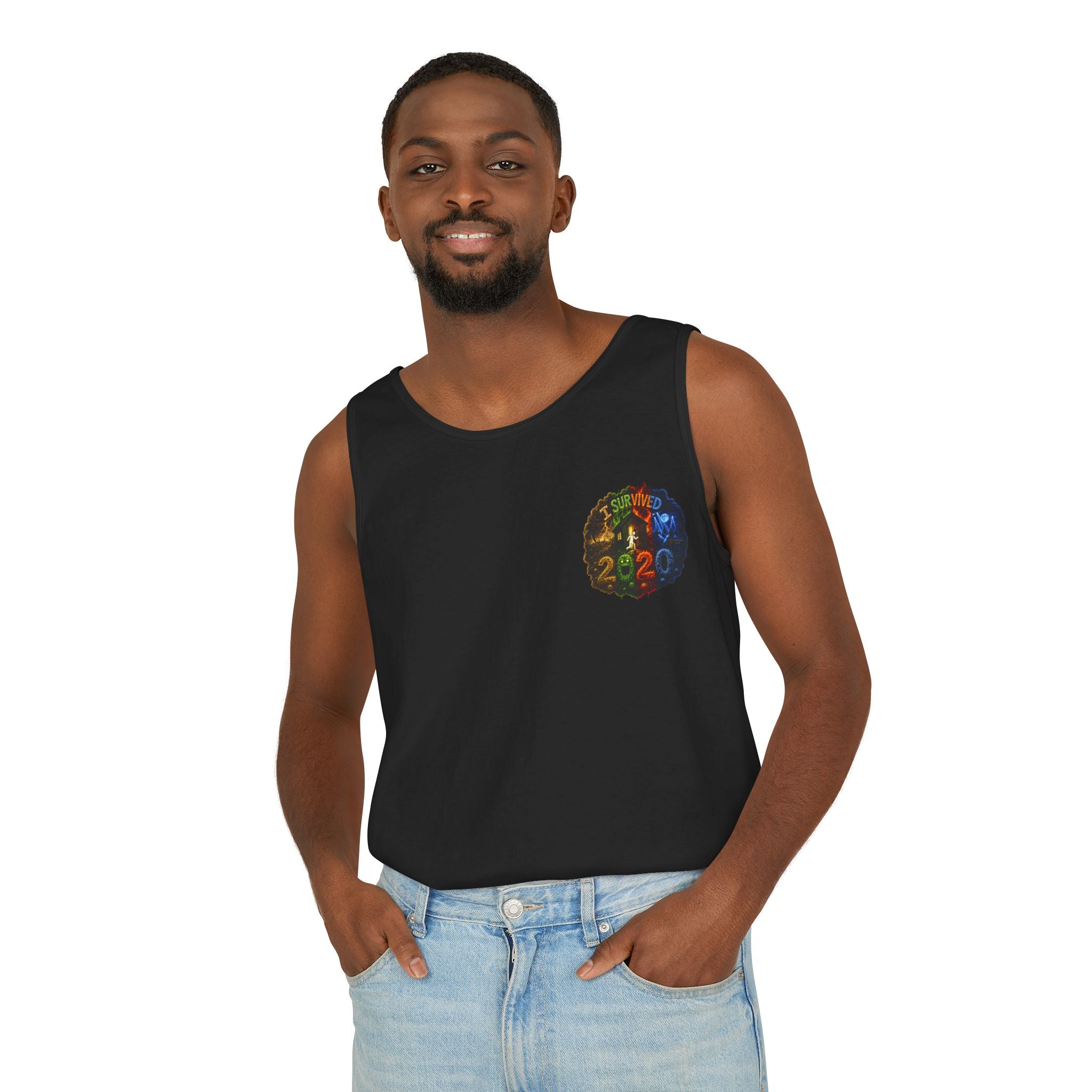 I Survived 2020 — "No Signal" Test Pattern Tee Alien Broadcast Finale Summer Premiere Unisex Garment-Dyed Tank Top