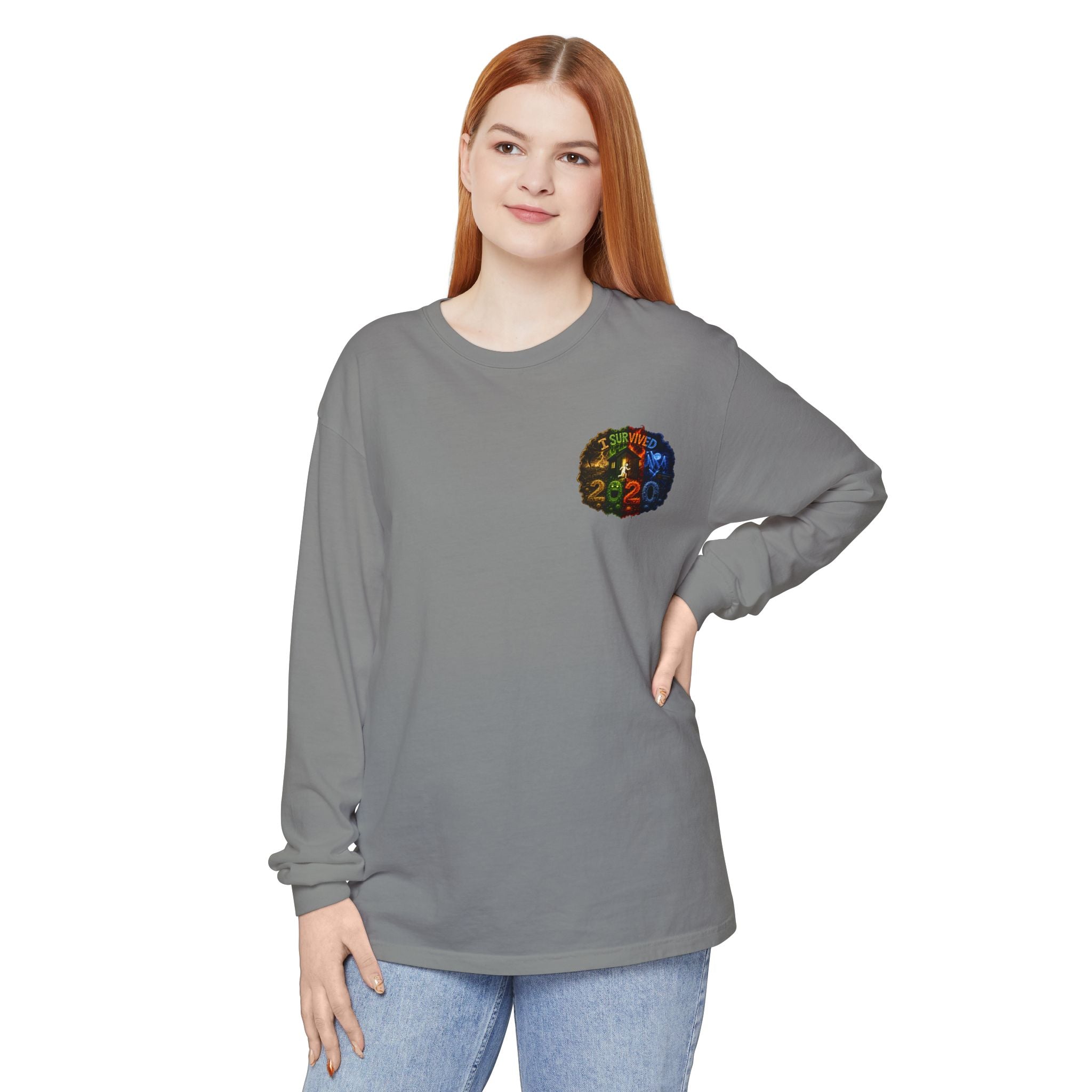 I Survived 2020 — "No Signal" Test Pattern Tee Alien Broadcast Finale Summer Premiere Garment-Dyed Long Sleeve T-Shirt