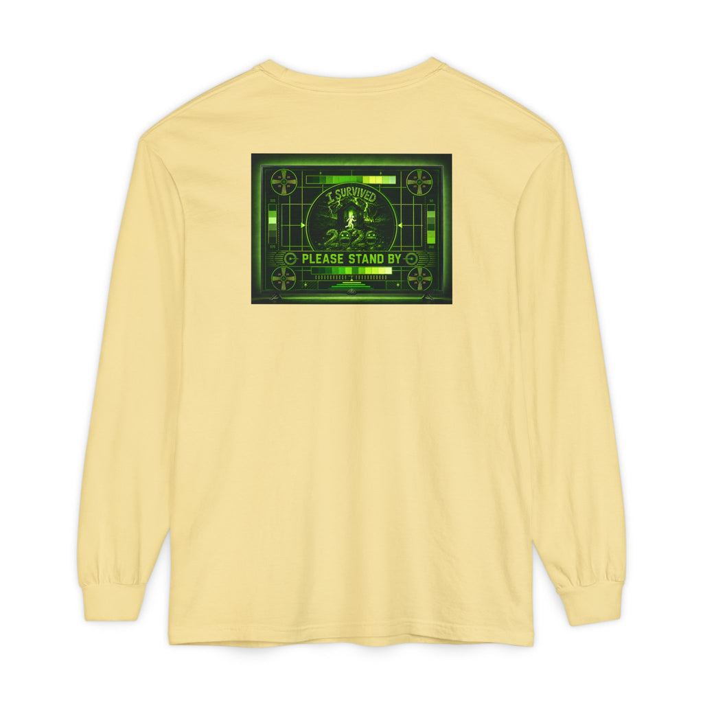 I Survived 2020 — "Please Stand By" Test Pattern Toxic Signal Tee Summer Premiere Unisex Garment-Dyed Long Sleeve T-Shirt