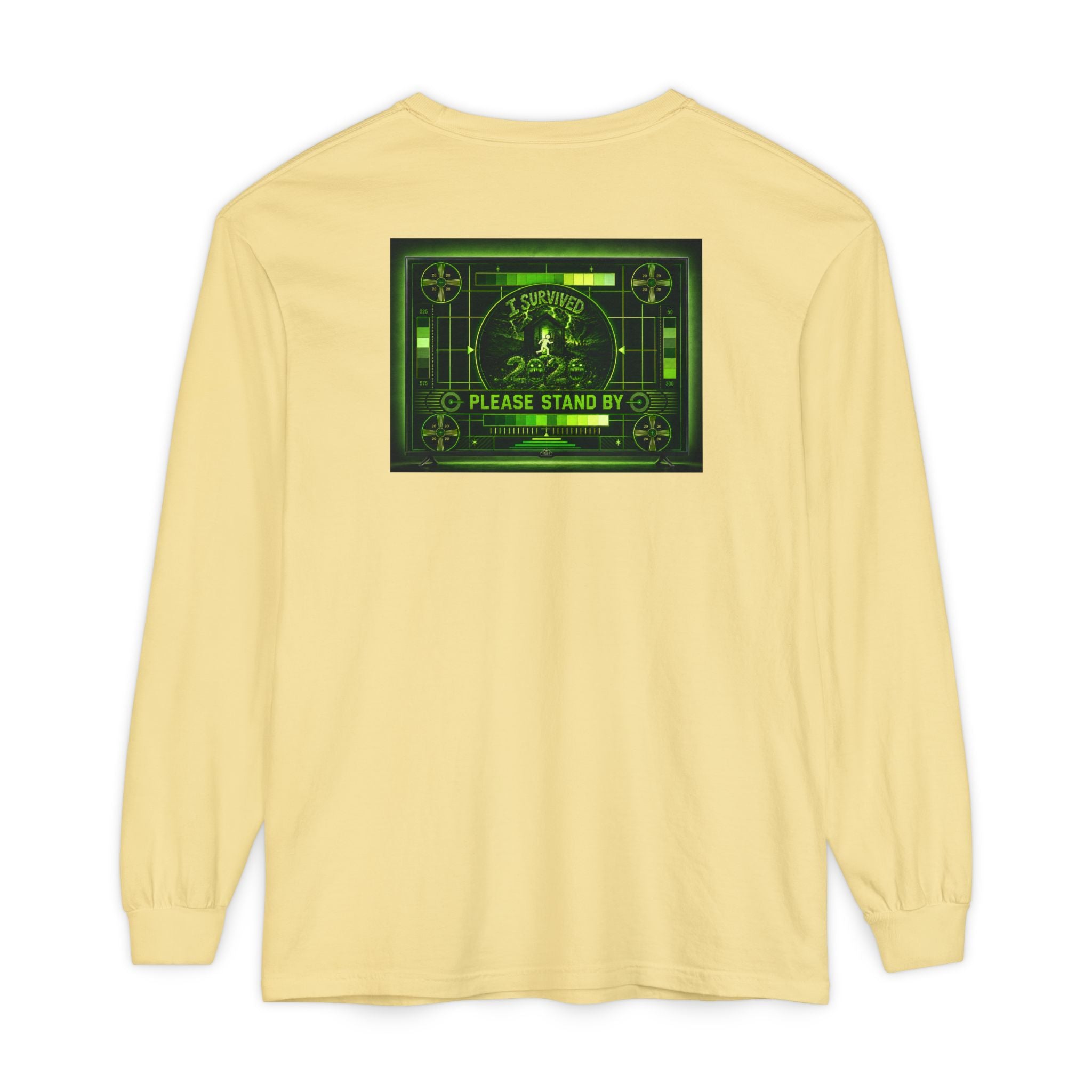 I Survived 2020 — "Please Stand By" Test Pattern Toxic Signal Tee Summer Premiere Unisex Garment-Dyed Long Sleeve T-Shirt