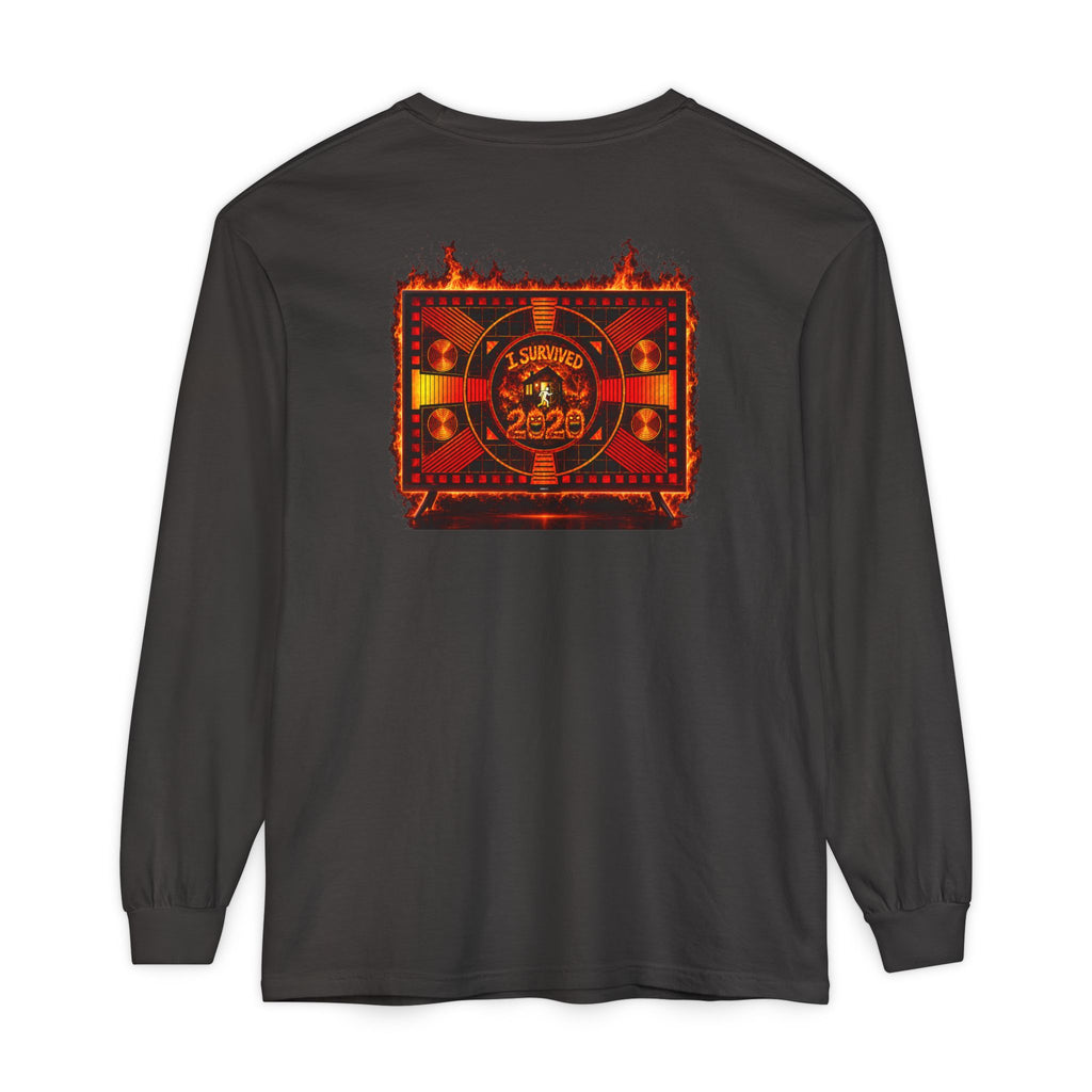 I Survived 2020 — "Please Stand By" Test Pattern Tee Wildfire Signal Edition Summer Premiere Unisex Garment-Dyed Long Sleeve T-Shirt