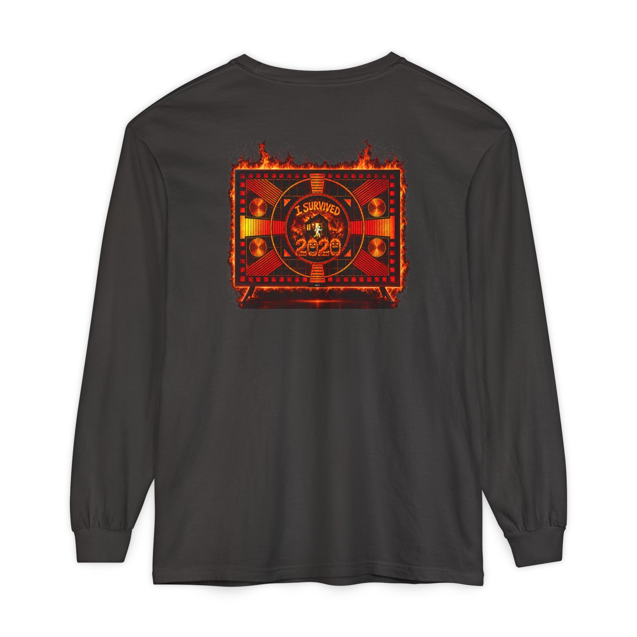 I Survived 2020 — "Please Stand By" Test Pattern Tee Wildfire Signal Edition Summer Premiere Unisex Garment-Dyed Long Sleeve T-Shirt