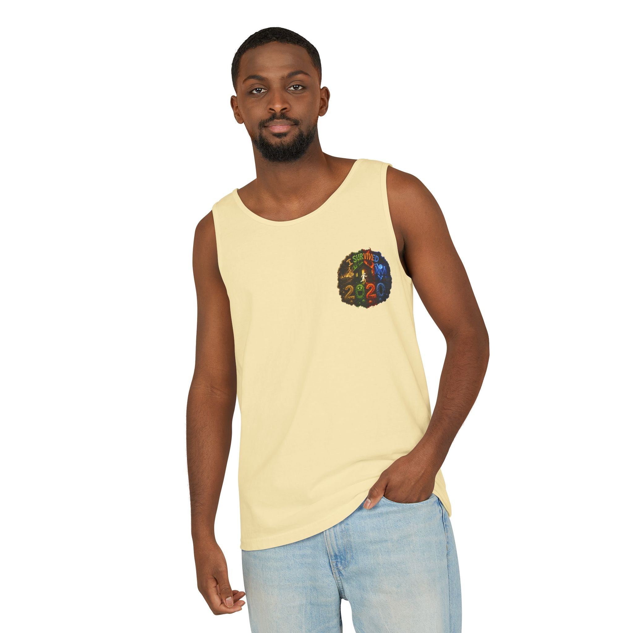 I Survived 2020 — "No Signal" Test Pattern Tee Alien Broadcast Finale Summer Premiere Unisex Garment-Dyed Tank Top