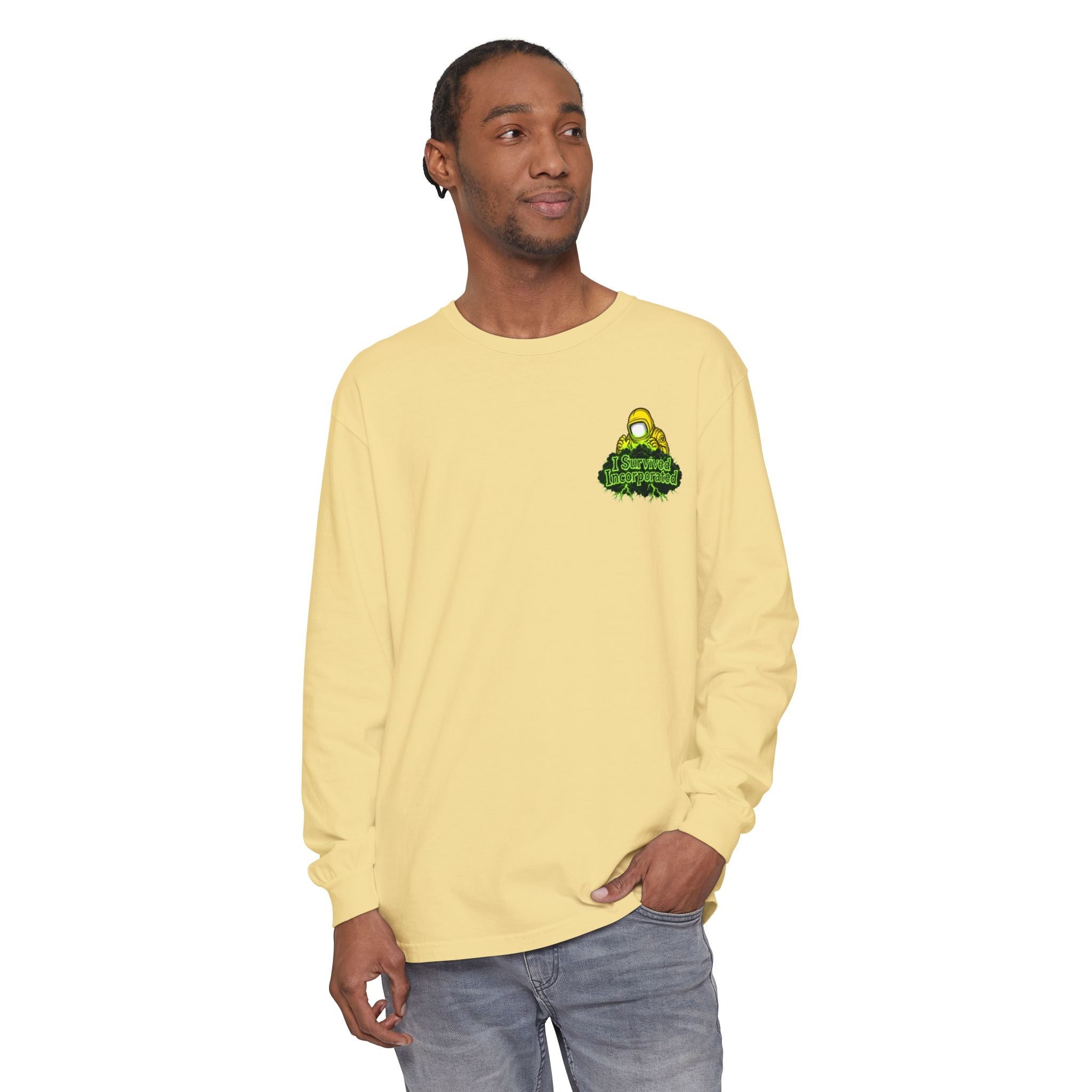I Survived 2020 — "Please Stand By" Test Pattern Toxic Signal Tee Summer Premiere Unisex Garment-Dyed Long Sleeve T-Shirt